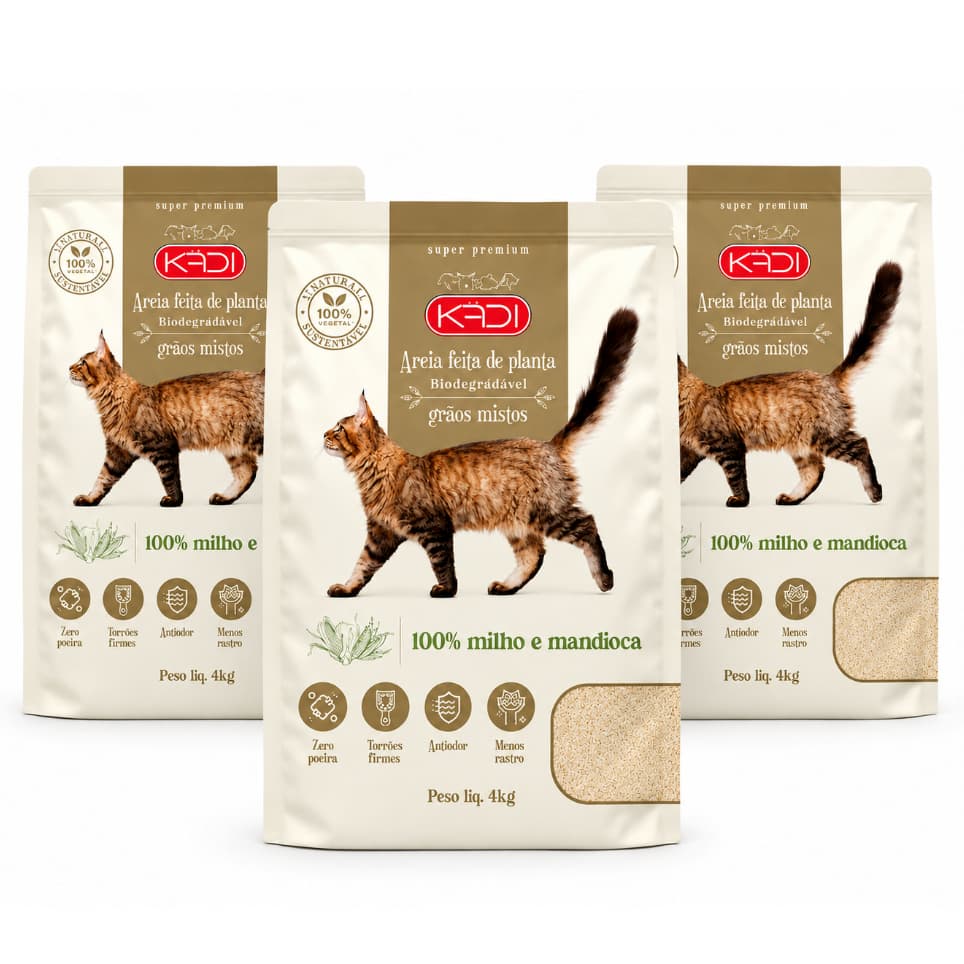 Kit 3 Areia Sanitária Kadi Biodegradável Grãos Mistos para Gatos 100% Vegetal Milho e Mandioca - 4kg