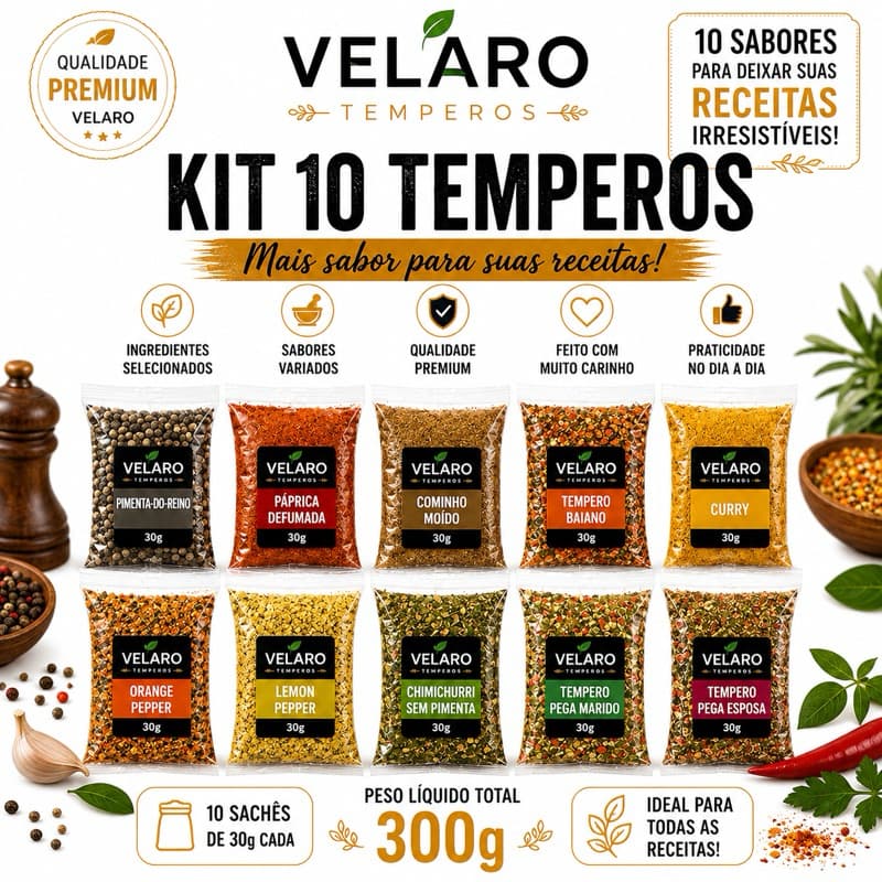 Kit 10 Temperos 30g Cada Especiarias para Carnes Frango Churrasco e Receitas | Velaro