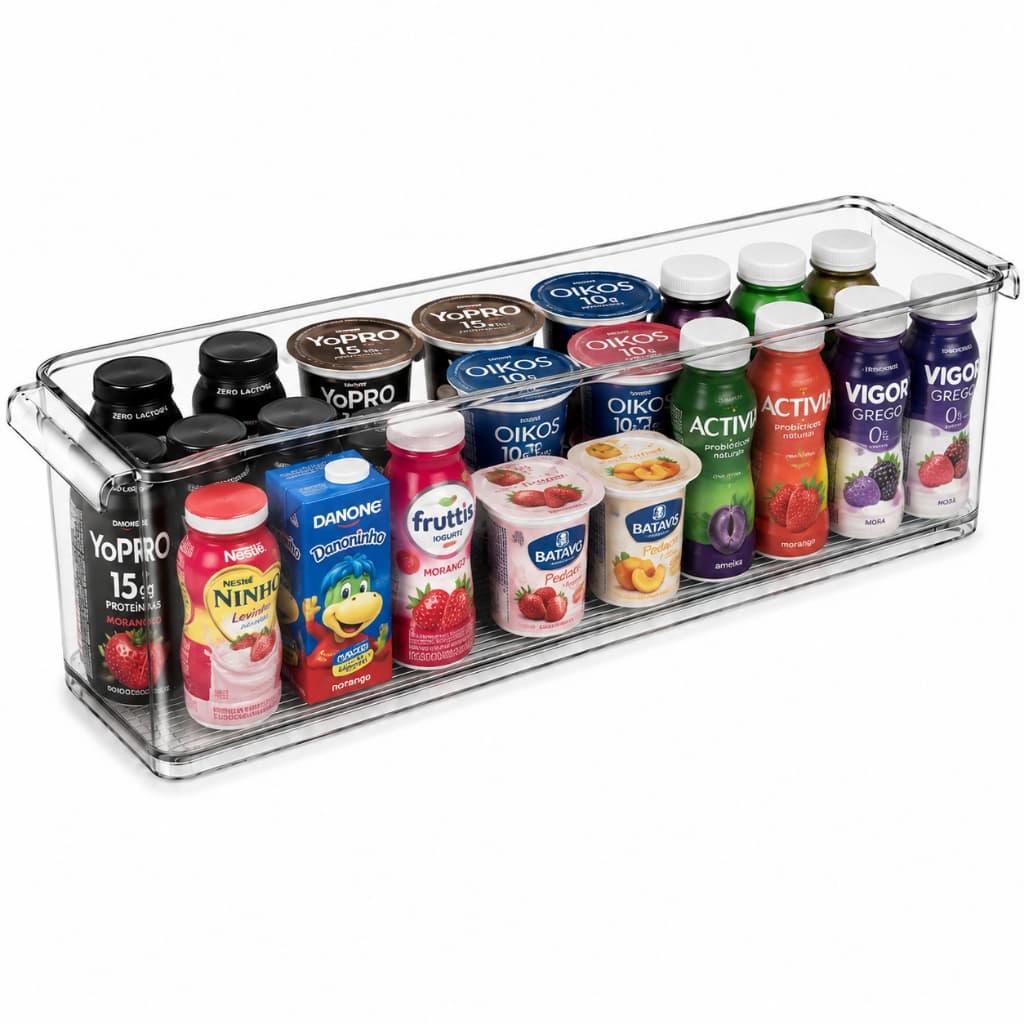 Organizador Acrilico Grande 38x10x9cm Multiuso Geladeira Despensa Porta Ovos com Puxador