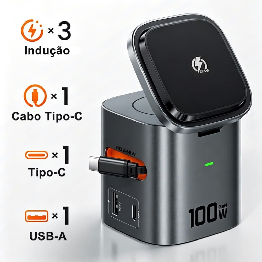 Carregador 6 Em 1 Por Indução 100W Ultra Rápido Magsafe Para Celulares, Apple Watch E Fones De Ouvido