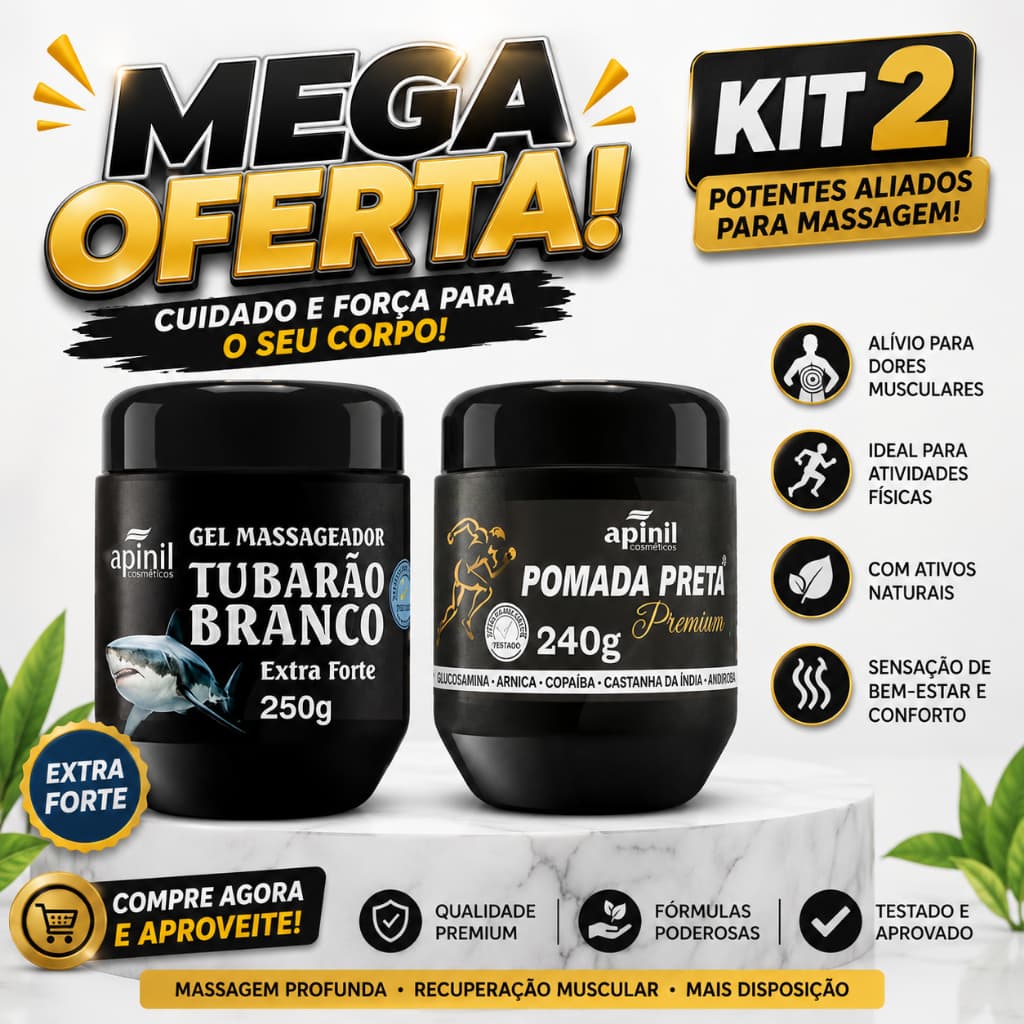 🔥 KIT 2 POMADAS MASSAGEADORAS APINIL 🔥🦈 Gel Tubarão 250g⚫ Pomada Preta Premium – 240g