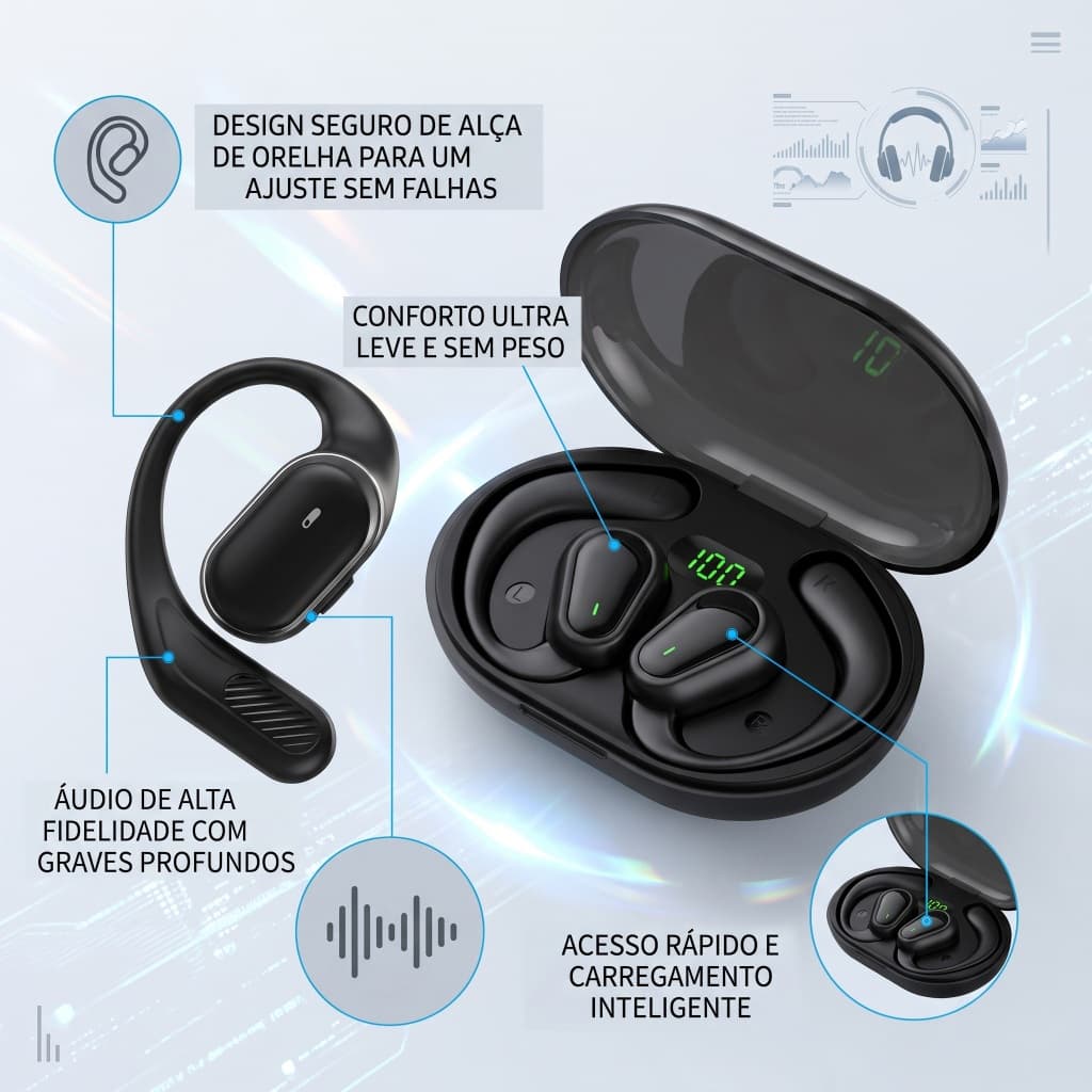 Fone de Ouvido Sem Fio Bluetooth com Condução Óssea/Compacto e Leve/Resistente a Água/Tipo-C