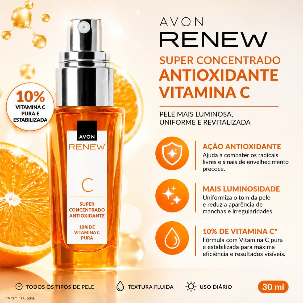 Avon Renew Sérum Vitamina C 10% Super Concentrado Antioxidante Facial 30ml