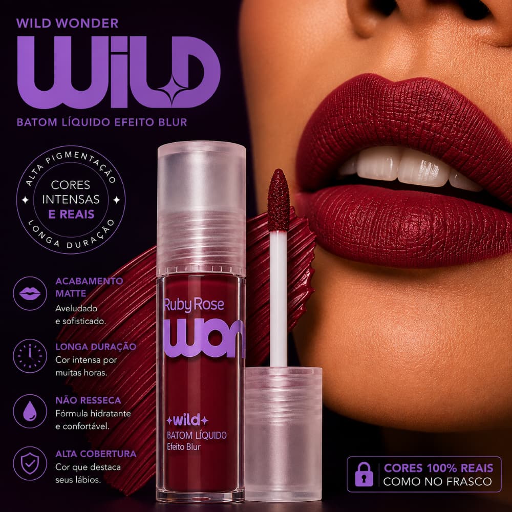 Batom Líquido Wild Wonder Ruby Rose Matte Efeito Blur 8 Cores Alta Pigmentação