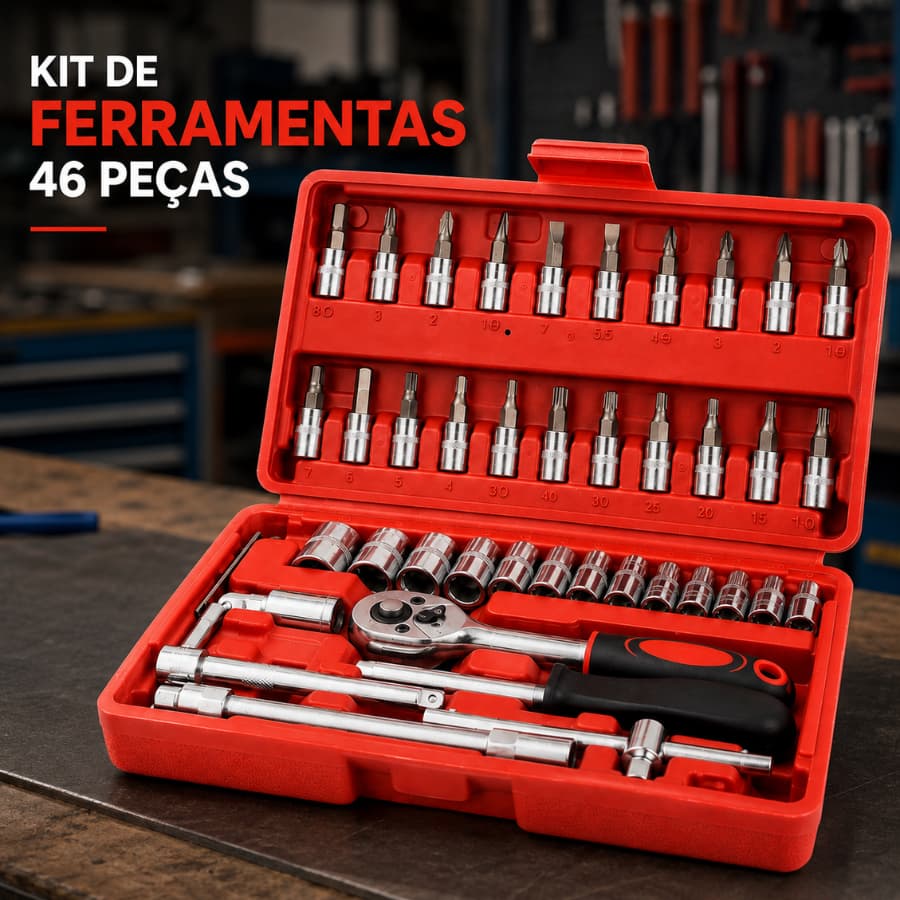 Kit 46 Peças Chave Catraca Jogo Soquetes Ferramentas Profissional Completo