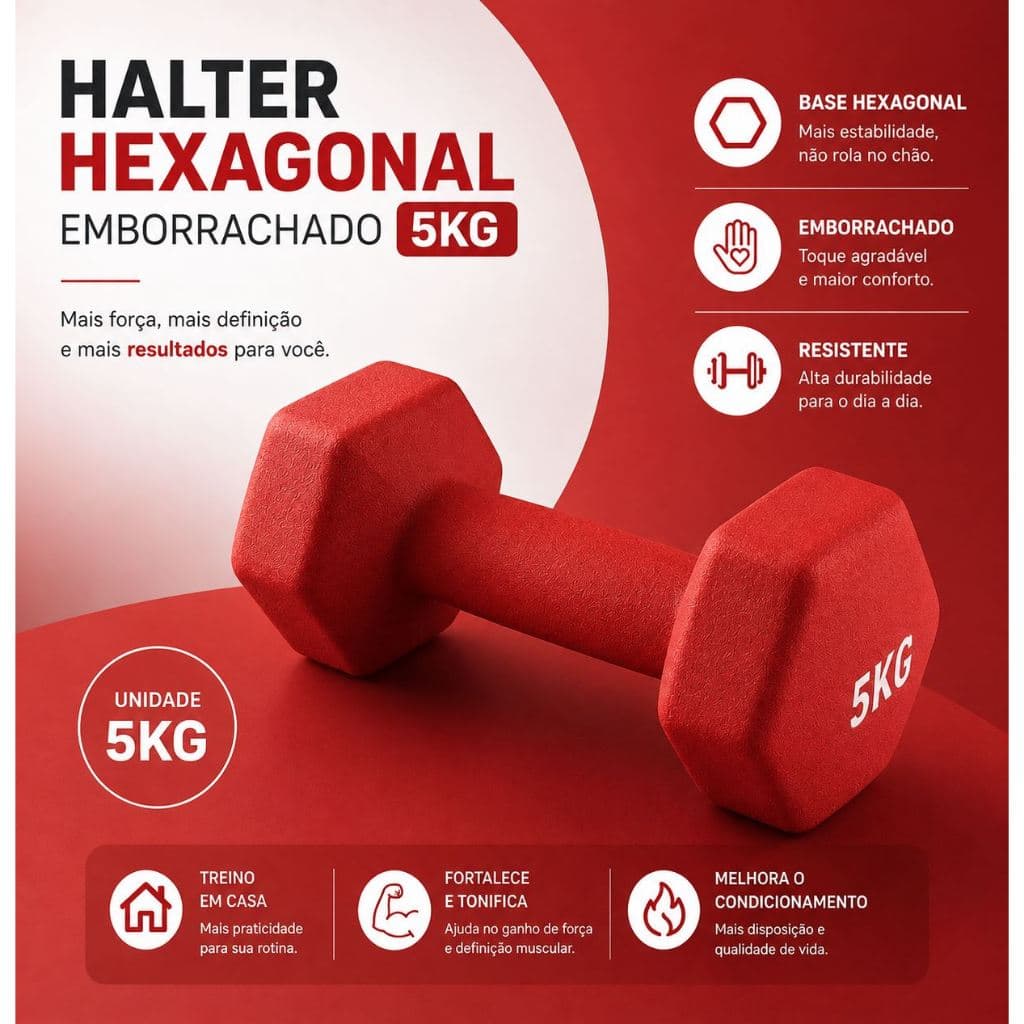 HALTER de 5 KG Emborrachado Antiderrapante Cor Vermelha - Para Treinos em Casa, Ar livre e Academia