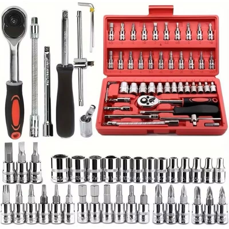 Kit Ferramenta 46 Peças Completo com Catraca Soquete e Chave Allen Completo