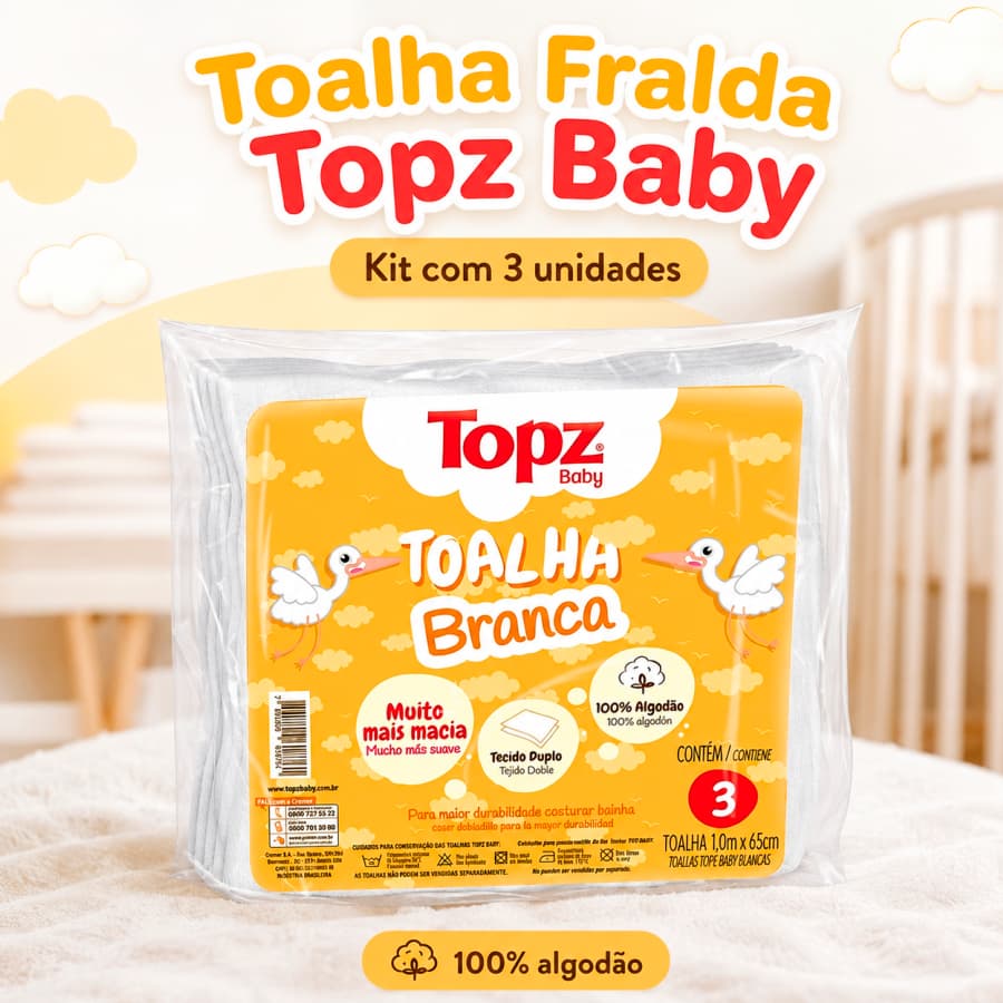 Toalha Fralda Infantil Branca Kit 3 Unidades Topz Baby Algodão Macia Absorvente