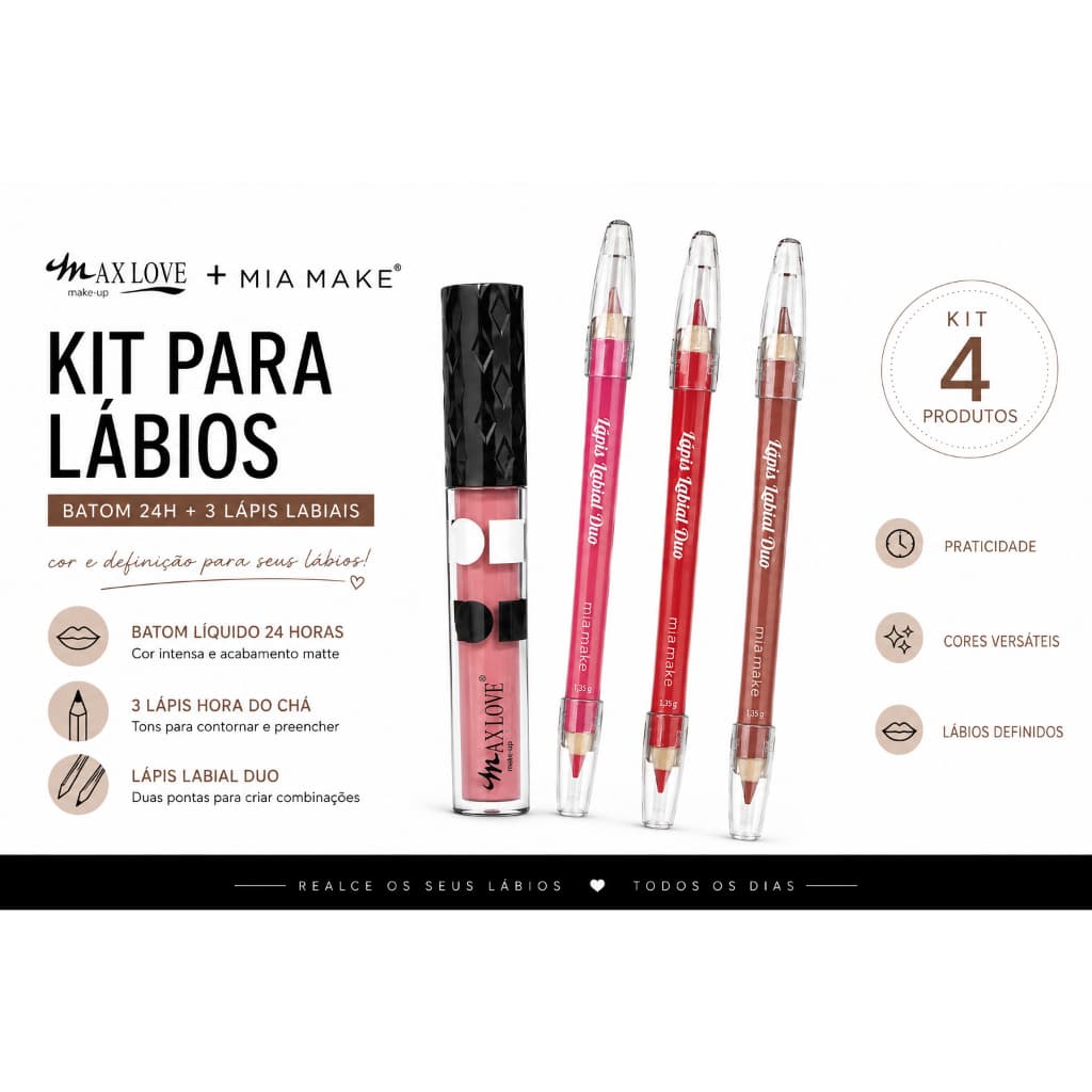 Kit Batom Líquido Matte + 3 Lápis Labial Duo Mia Make Longa Duração