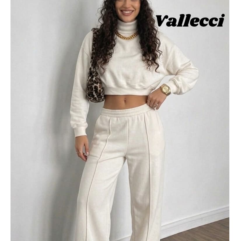 Conjunto Feminino Casual Moletom Confortável Calça com Vinco Wide leg e Cropped Gola Alta -Blogueira