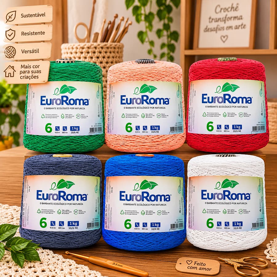Kit 6 Novelos Barbante Euroroma Fio n° 8 Cone de 1 Kilo com 762 metros para Crochê, Tricô e Artesanato