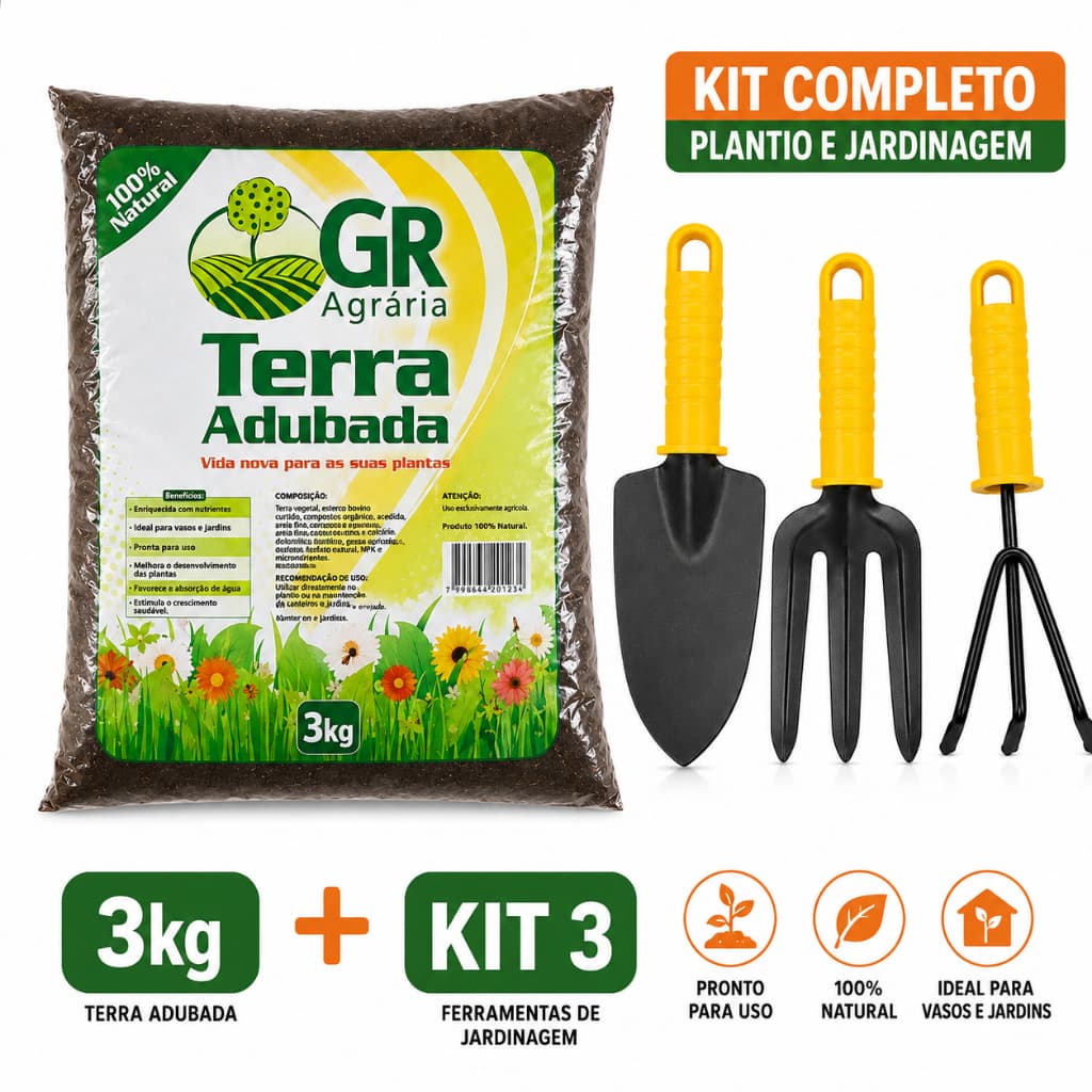 Kit Jardinagem Completo + Terra Adubada 3kg | Kit 3 Ferramentas para Plantio Vasos e Jardins