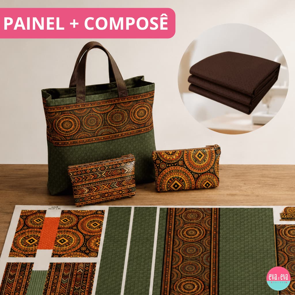 Tecido Sarja Impermeável Kit Painel Bolsa + 2 Necessaires Mandala Tricoline Forro Costura Patchwork DIY