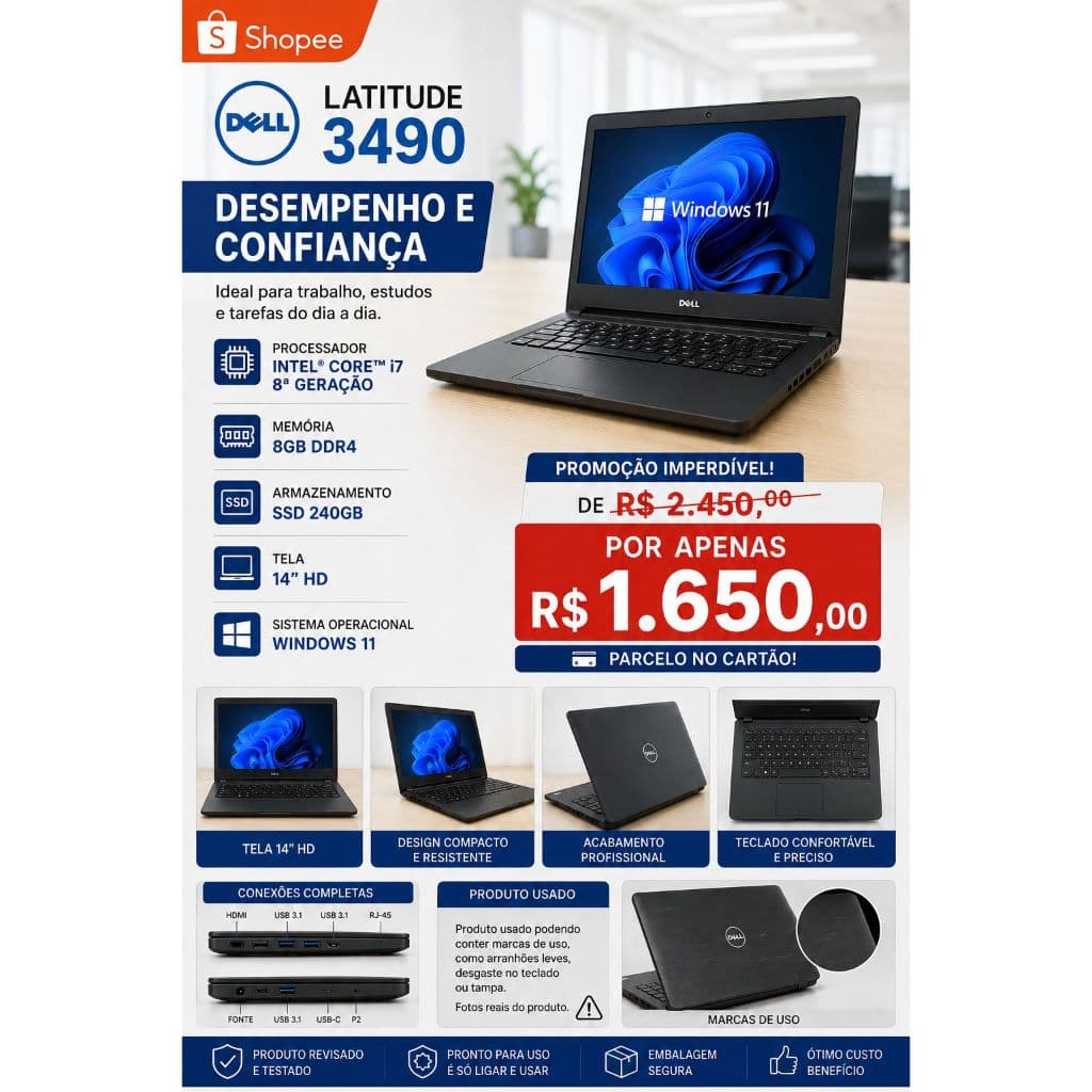 notebook dell latitude i7 oitava - 8gb ddr4 - ssd 120/240gb - windows 11