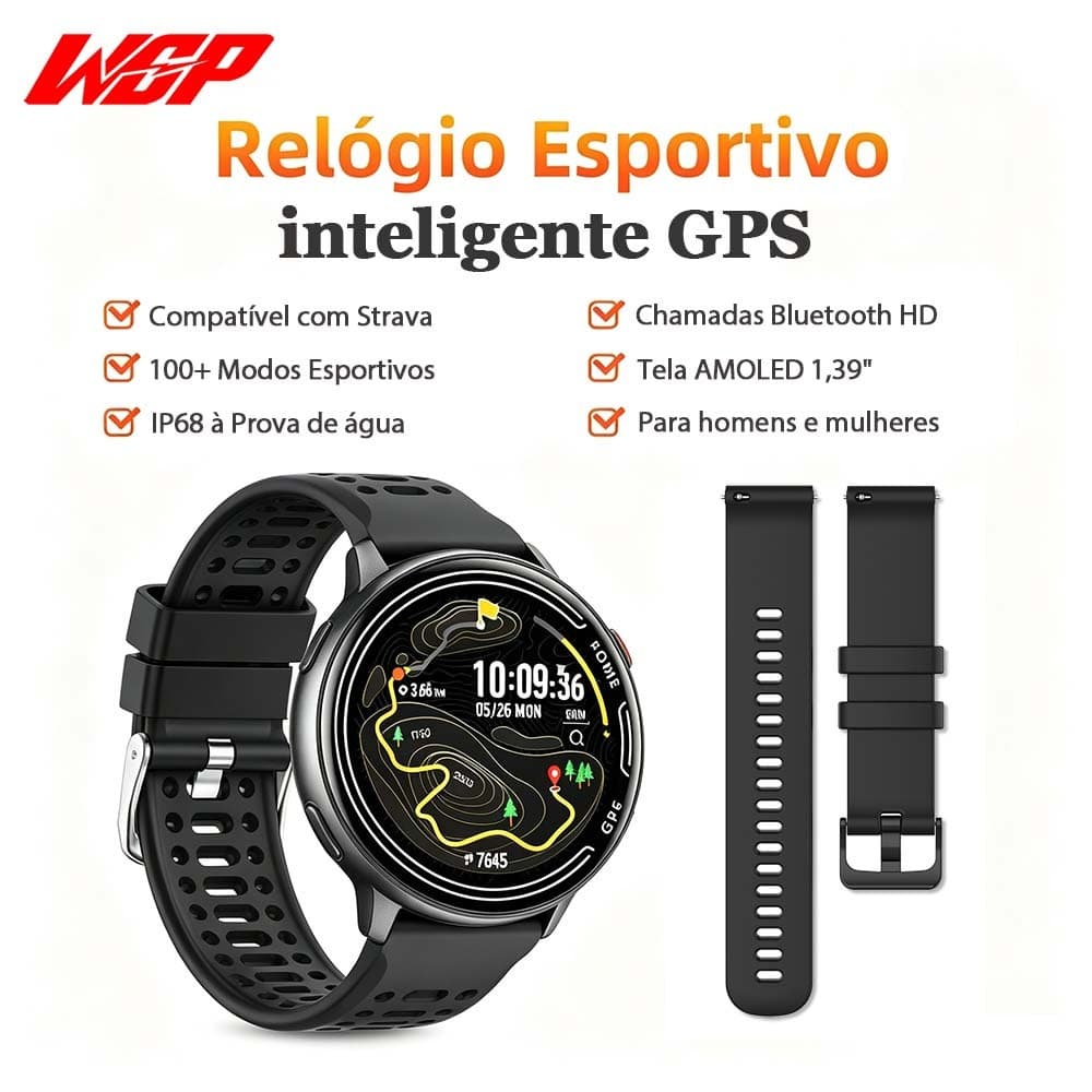 GPS Smartwatch Relógio masculino feminino Universal WGP KC100 1.39''AMOLED A tela  IP68 à Prova de água 100+ esportes