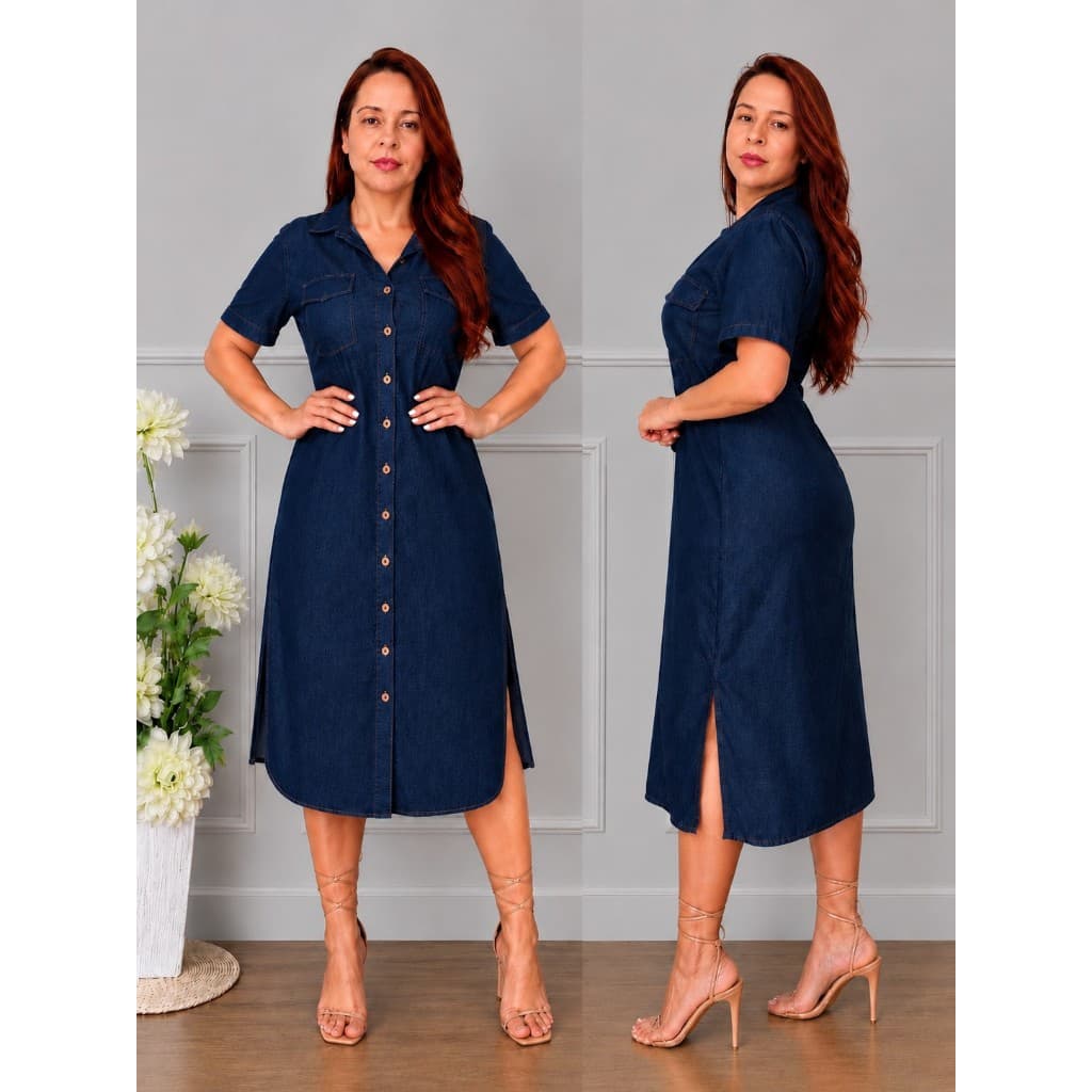 vestido jeans chamise  midi com bolso na frente disponível na lavagem clara e escura veste até o 46