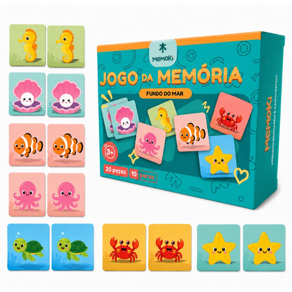 Jogo Da Memória Fundo do Mar MDF 20 Peças 5x5cm Brinquedo Educativo Estimula Coordenação Motora E Raciocínio Lógico
