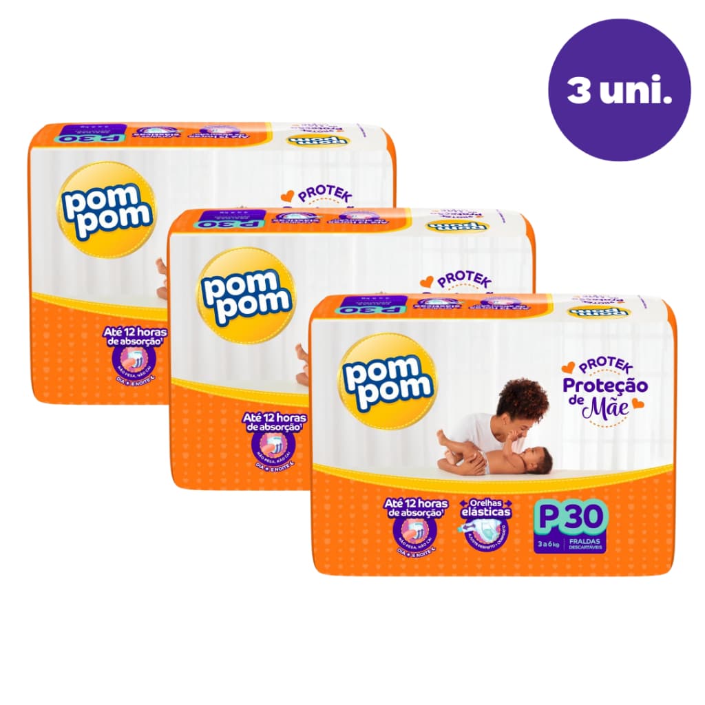 Kit 3 Fralda Descartável Infantil Pom Pom Clássica Jumbo