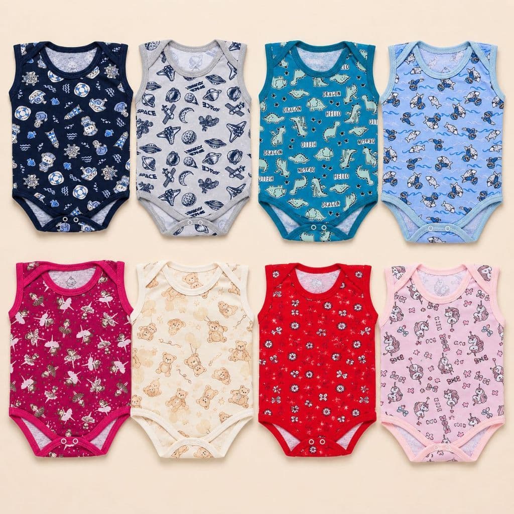 Kit 4 Peças Body Regata Bebe Estampado  100% Algodão Menino E Menina