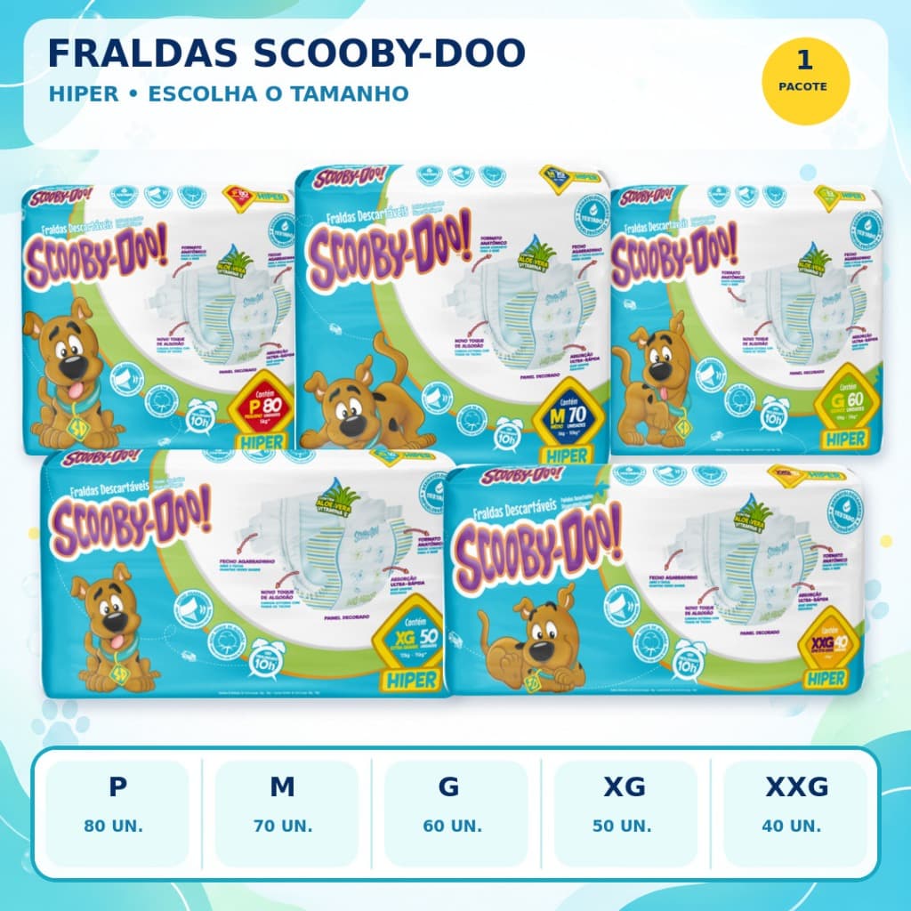 Fralda Descartável Scooby-Doo Hiper P M G XG XXG - Super Absorção e Conforto