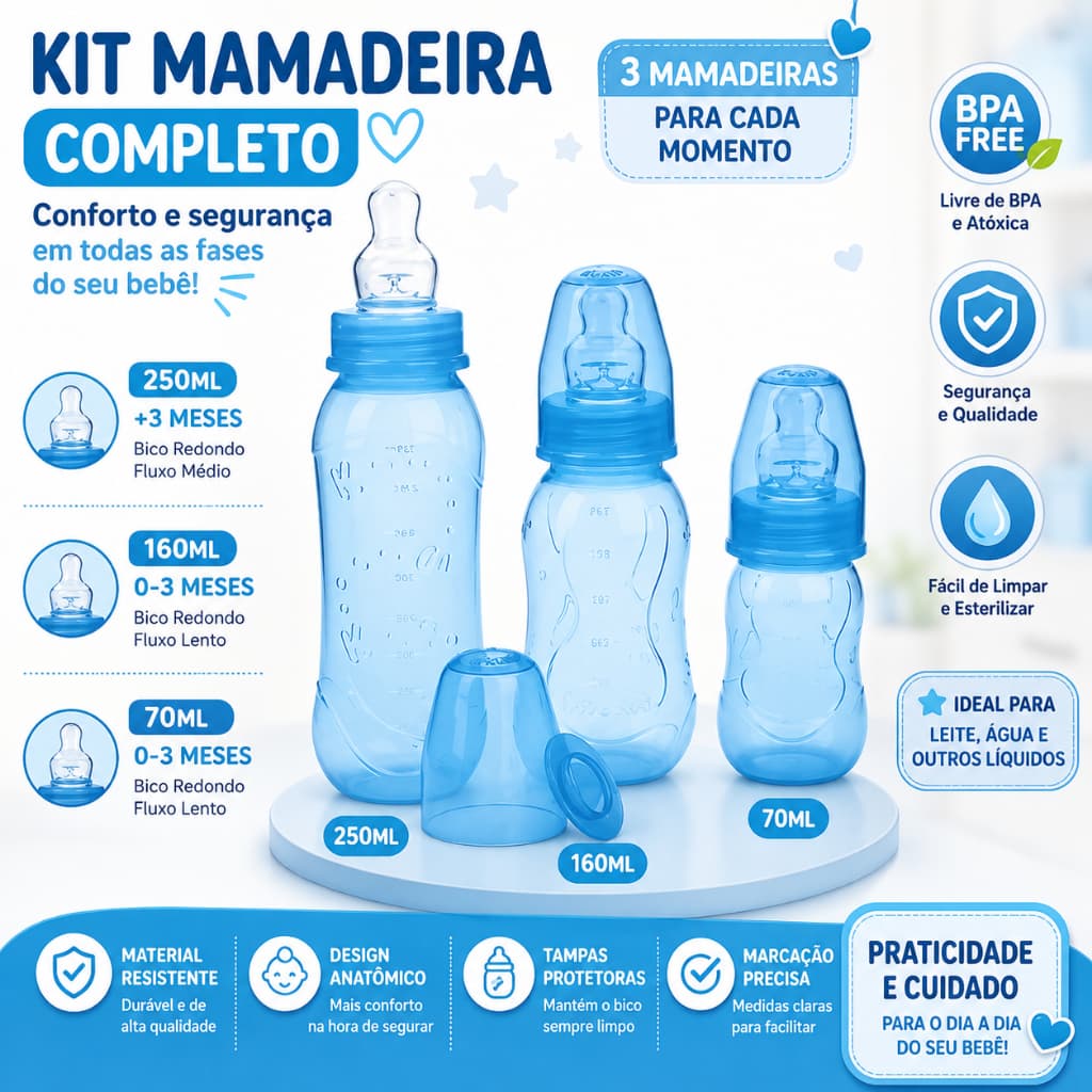 Kit 3 Mamadeiras Kuka Aquarela Azul 250ml/160ml/70ml - Bico Ortodôntico e Livre de BPA