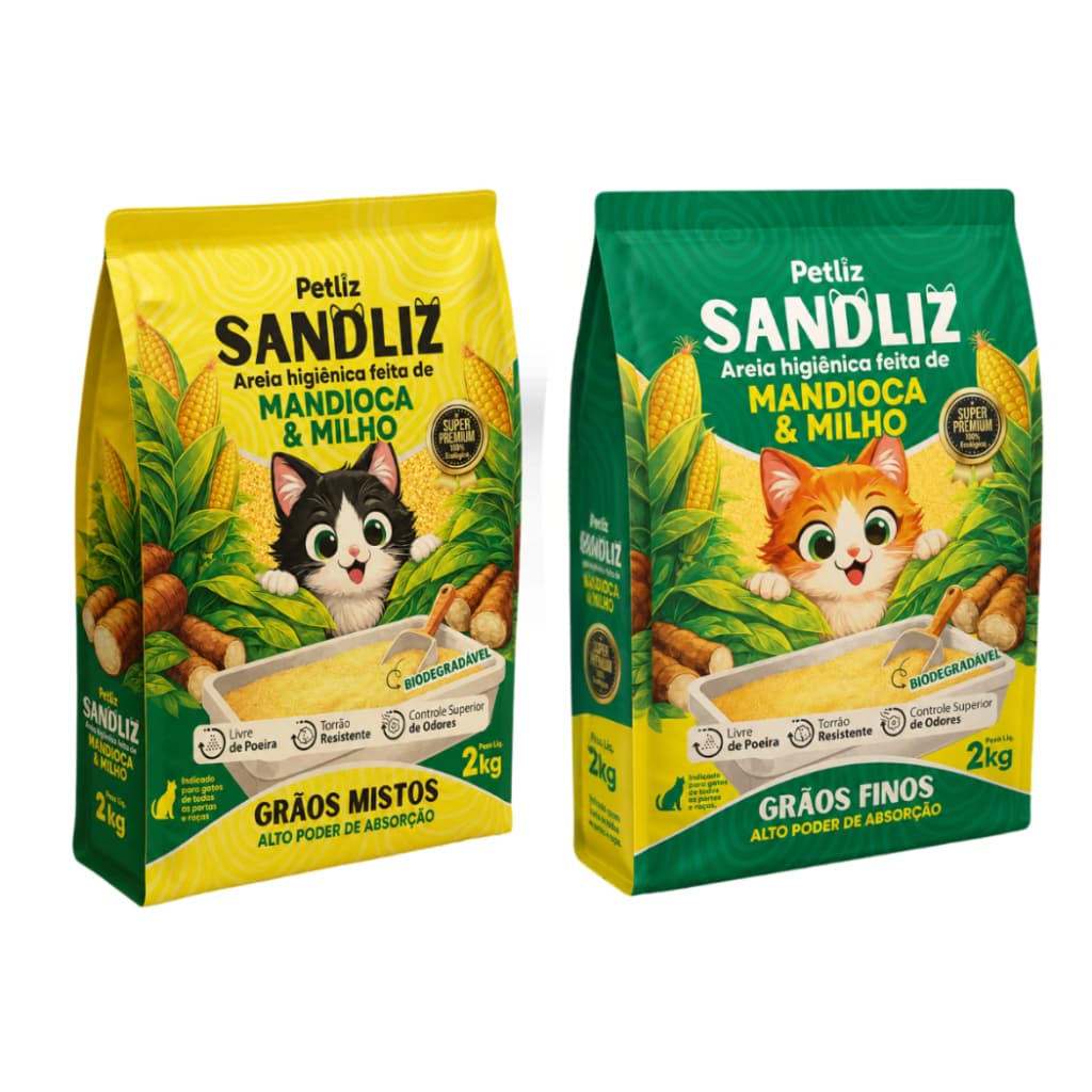 Areia Higiênica Sanitária Gato Biodegradável Mandioca e Milho Torrão Firme 2kg a 8kg Petliz Sandliz