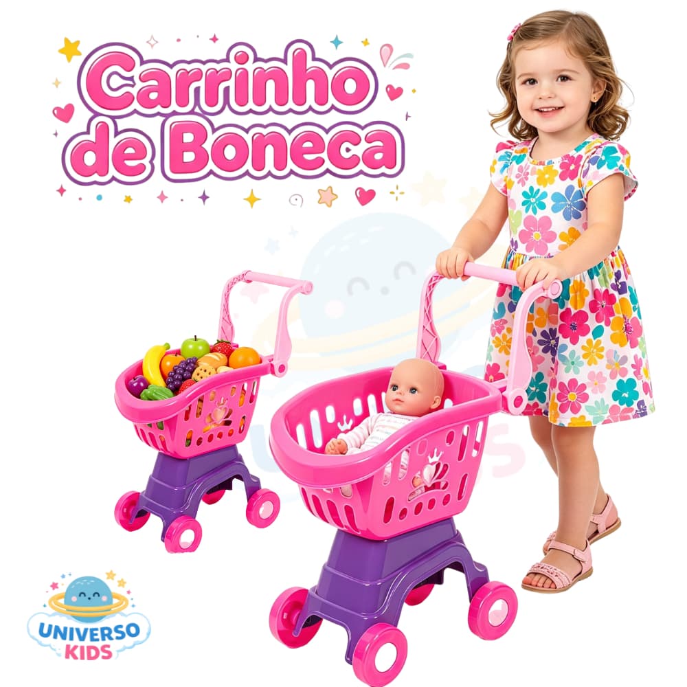 Carrinho Para Boneca Passeio Bebê Reborn Menina Carrinho De Compras 2 Em 1