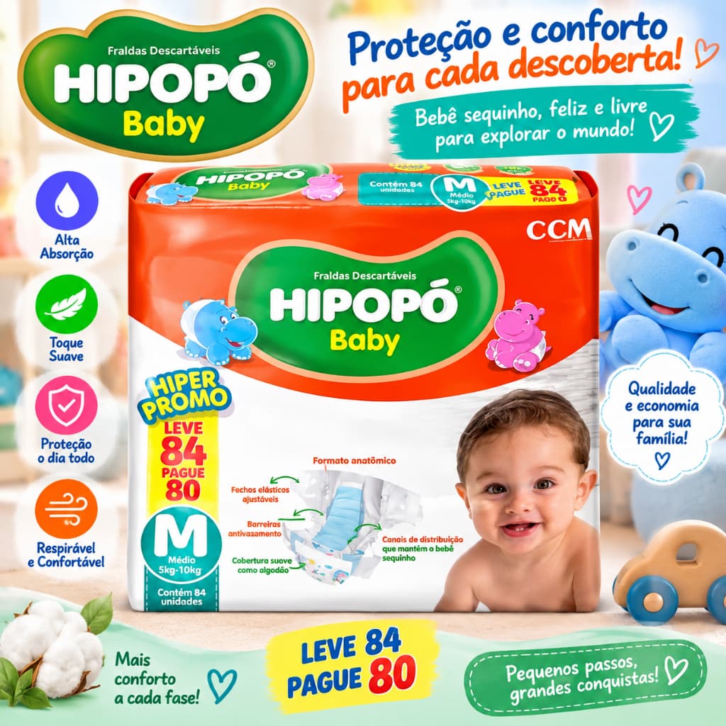 Fralda Descartável Hipopó Baby Pacote Hiper M 84 Unidades Uso Prolongado Ate 10h Absorçao Hipoalergenica