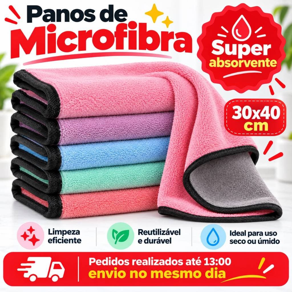 KIT COM 5 OU 10 PANOS DE MICROFIBRA 30X40 PARA LAVAGEM E POLIMENTO DE CARRO, MULTIUSO LAVÁVEL, MACIO E NÃO RISCA