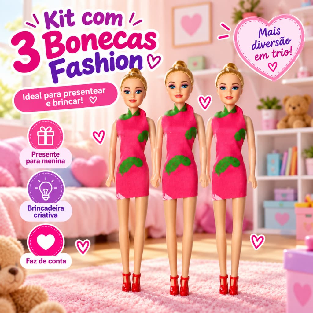 Kit 3 Bonecas Fashion Articulada Vestido Rosa Salto Loira Presente Menina Presente Natal Criança