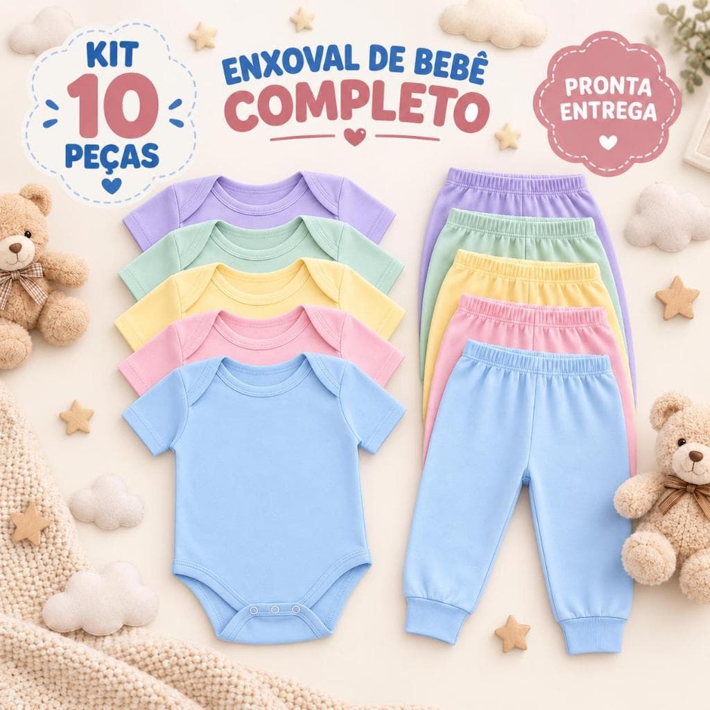 Kit enxoval 10 peças Body Manga Curta e Mijão calca Bebê Menino Menina