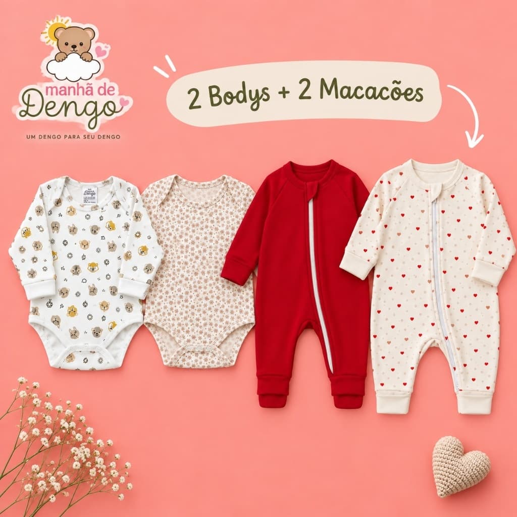 KIT 4 PEÇAS - 2 MACACÕES 2 BODYS BEBÊ MENINA SUEDINE 100% ALGODÃO HIPOALERGÊNICO KIT ENXOVAL INFANTIL MANHÃ DE DENGO