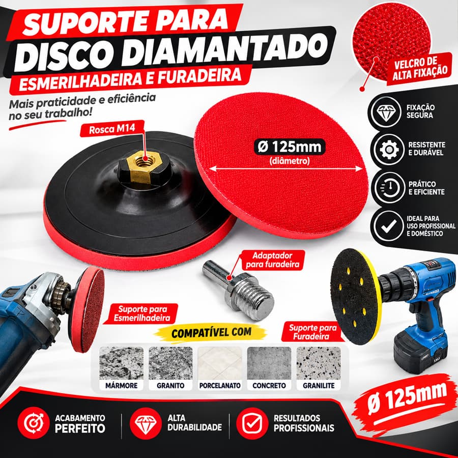 Suporte P/ Lixa Boina 125mm 5 Polegadas Disco Prato Furadeira Lixadeira Politriz Esmerilhadeira M14