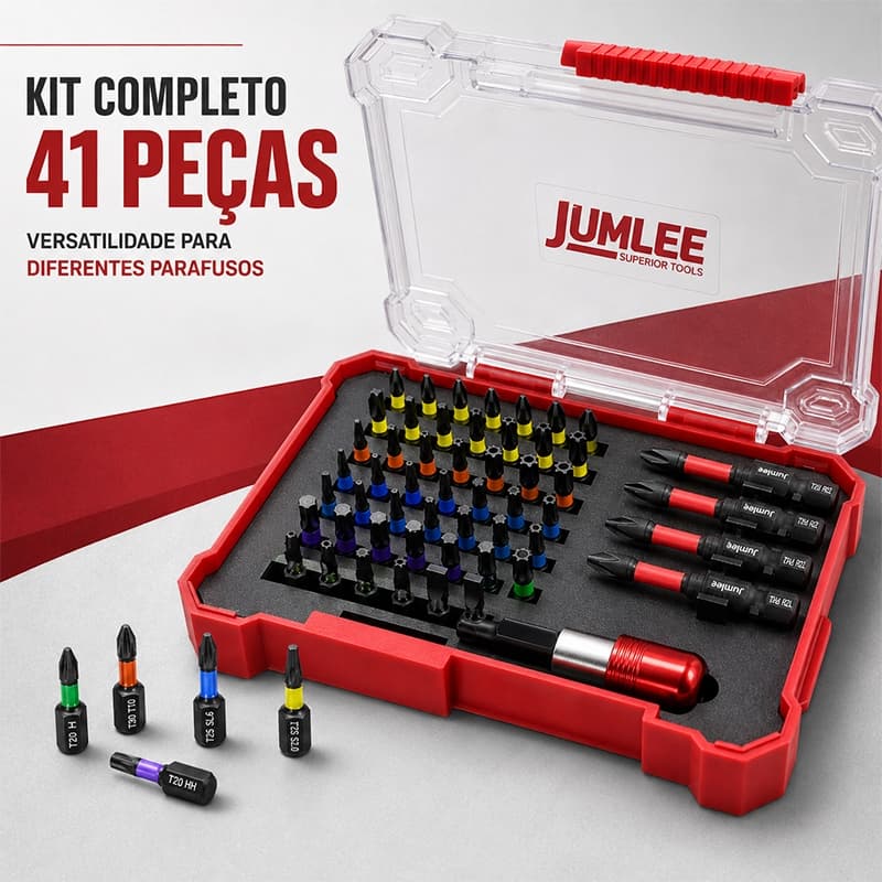 Kit Pontas de Impacto 41 Peças JUMLEE Porta‑Bits Liberação Rápida 1/4", para Parafusadeira Furadeira DIY Oficina