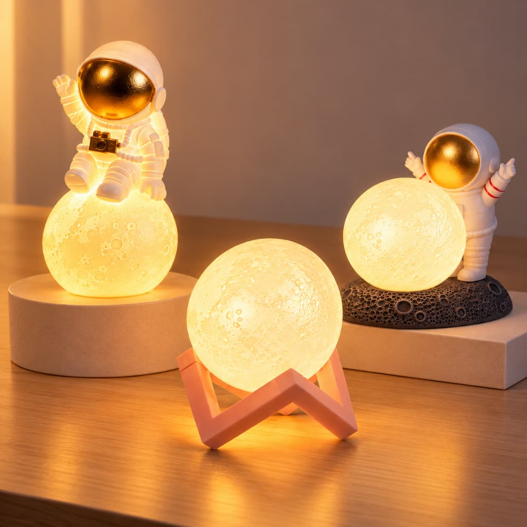 Luminária Sem Fio Led Astronauta Lua 12cm A Bateria Decoração Quarto Festa