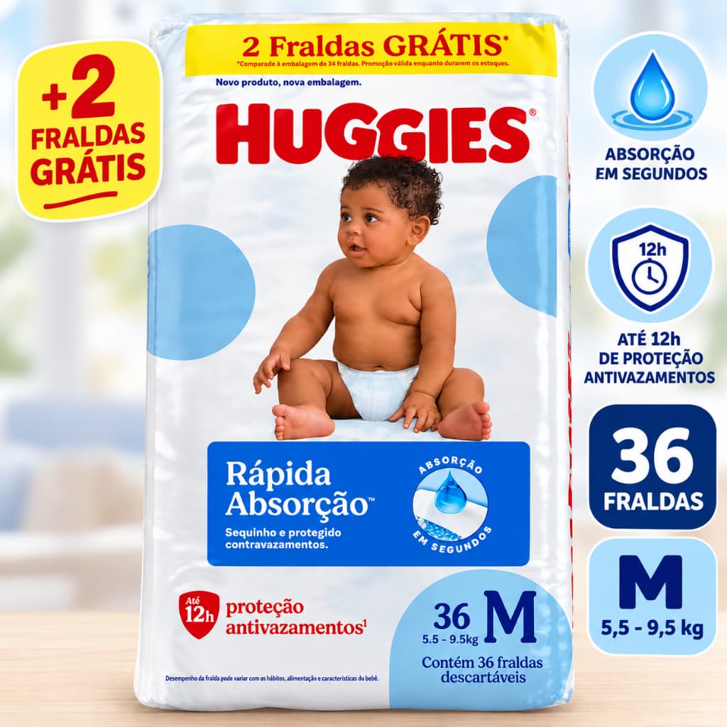 Fralda Huggies Rápida Absorção M 36 Unidades 5,5 a 9,5kg