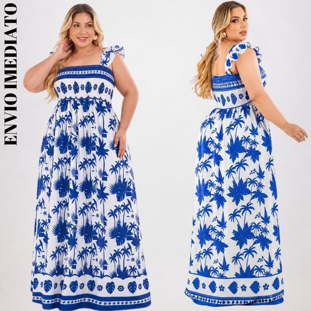 Vestido Bia Longo Feminino Plus Size Moda Casual Elegante confortavé Fresquinho s/ Manga Alça Babado tec Crepe  perfeito
