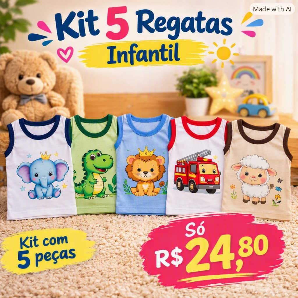 Kit 5 Camisetas Bebê Sem Manga Regata Roupa Infantil Menino Menina Unissex Leve Fresca Confortável Estampada