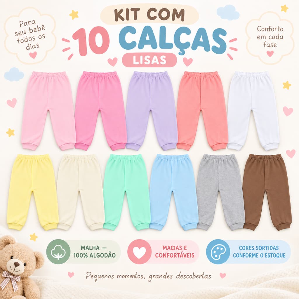 Kit 10 Calças Mijão Bebê enxoval Infantil | Liso 100% Algodão Feminino Masculino Unissex