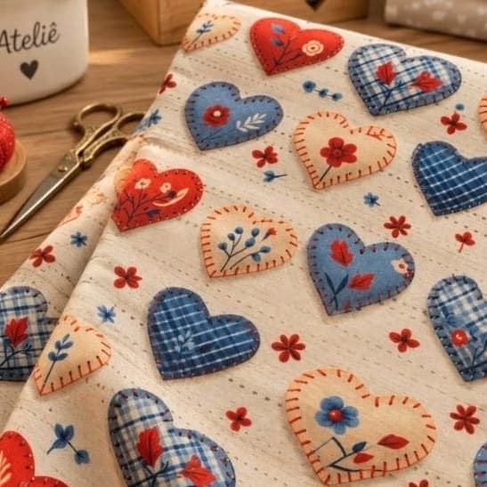 Tecido Tricoline 100% Americana Corações Patchwork Azul e Vermelho 50cm x 1,50m