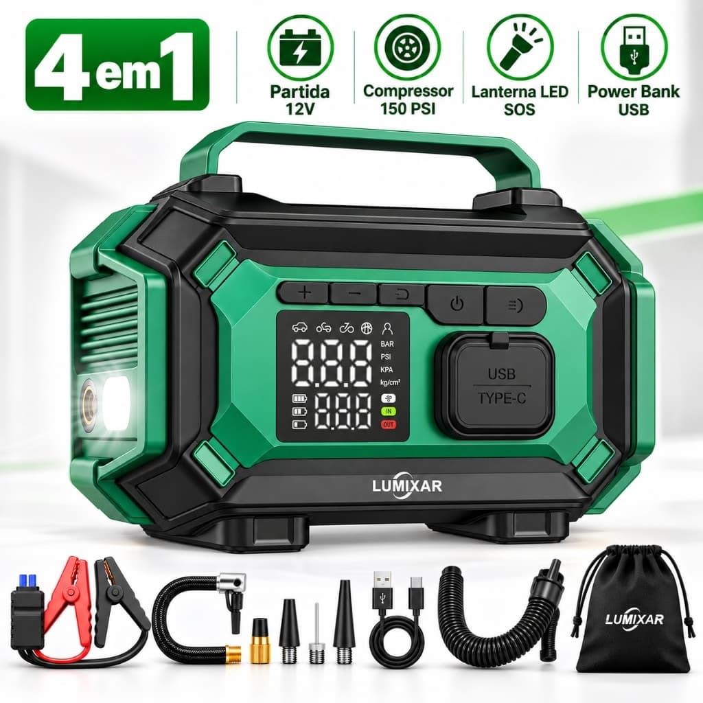 4em1 Auxiliar de Partida e Compressor de Ar Portátil para Carro 12V-Power Bank,Inflador,Carregador Portátil eLanternaSOS