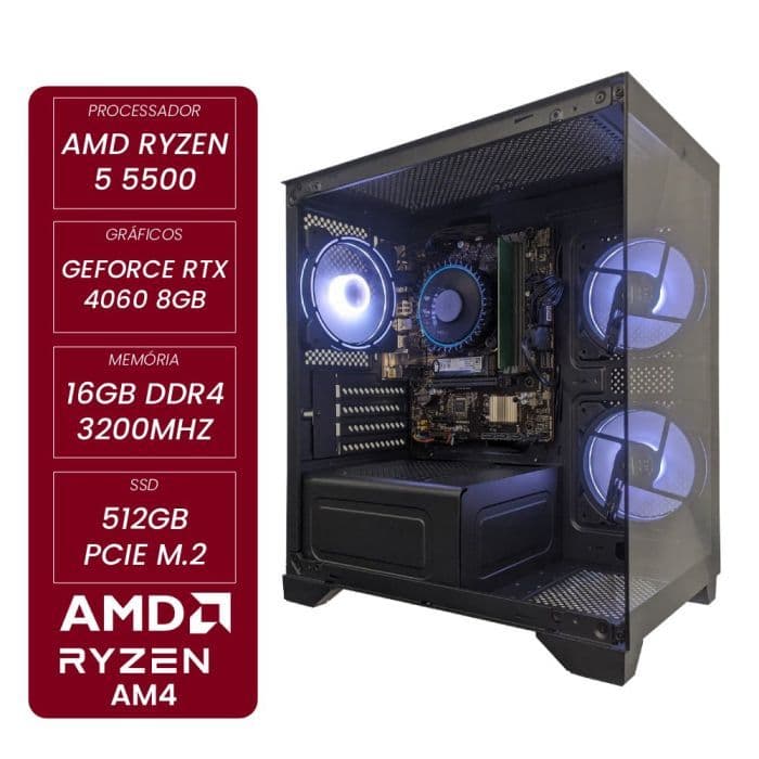 Computador Gamer CertoX STREAM AMD AQ 1017 TC AMD Ryzen 5 5500 RTX 4060 8GB 16GB DDR4 256GB SSD C/3 Fans Linux