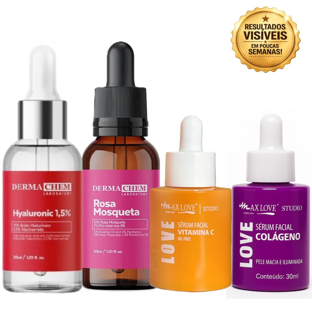 Kit Skincare Anti-Idade 4 em 1 Sérum Vitamina C Ácido Hialurônico e Colágeno Redutor de Linhas de Expressão