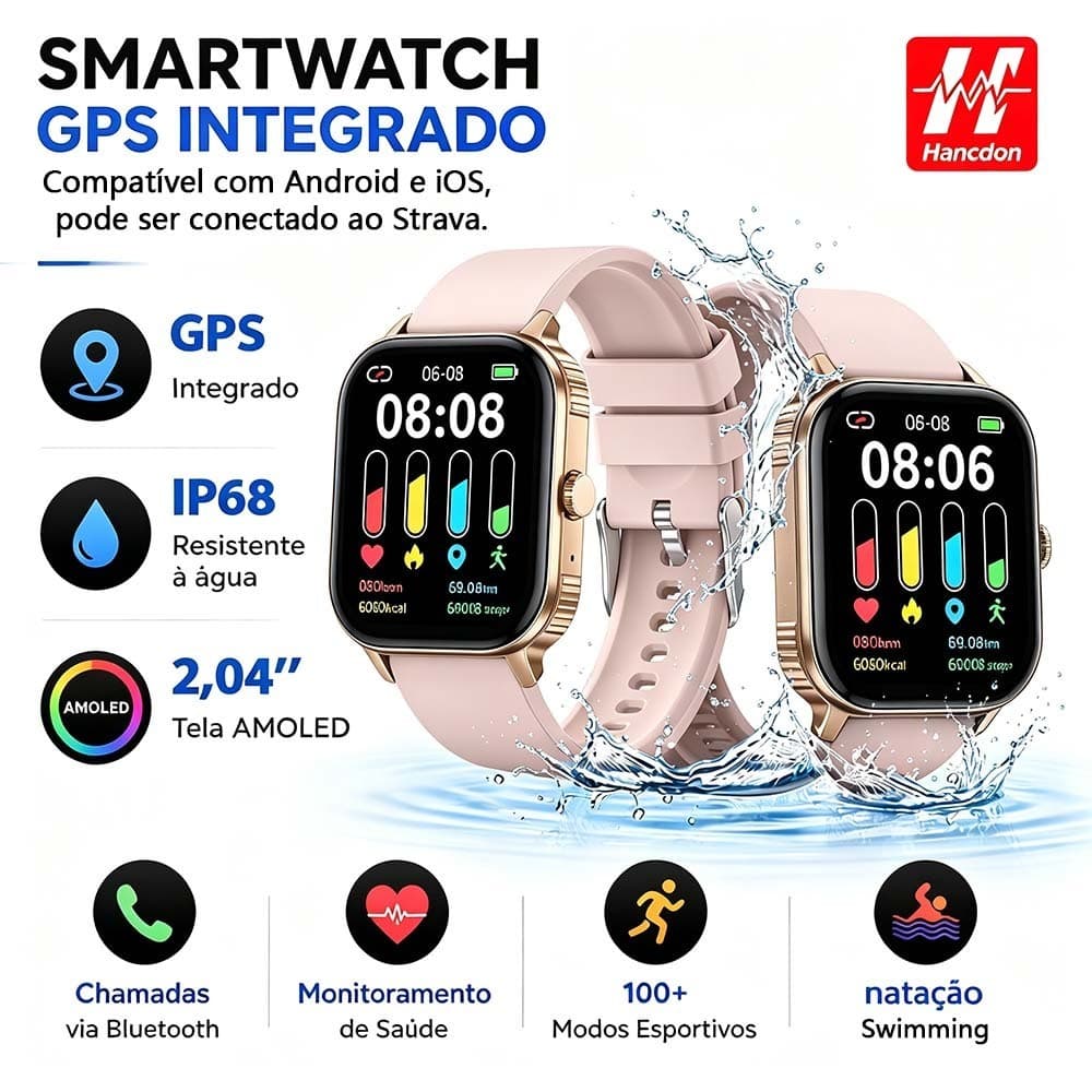 smartwatch relogio masculino/feminino GPS Hancdon JU105 1000mah IP68 à Prova de água Assistente IA Monitor saúde