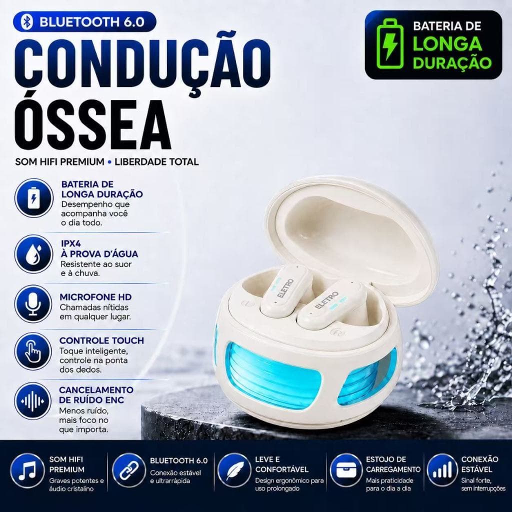 ELETRO Fone Bluetooth 6.0 Sem Fio Open Ear, Fone de Ouvido com Gancho, IPX4, Microfone HD, Som Imersivo e Longa Duração