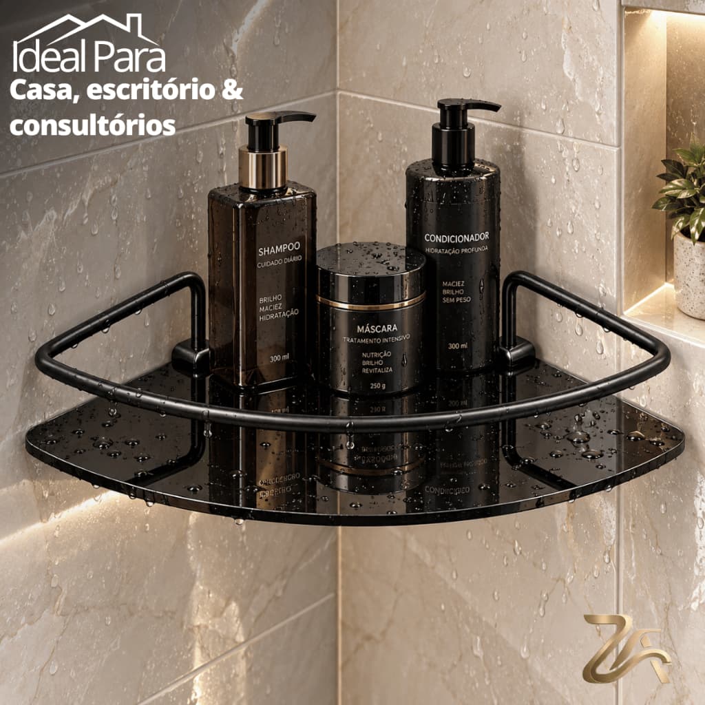 Porta Shampoo Suporte Preto Banheiro Prateleira Canto Vidro Temperado 6mm Inox Parede