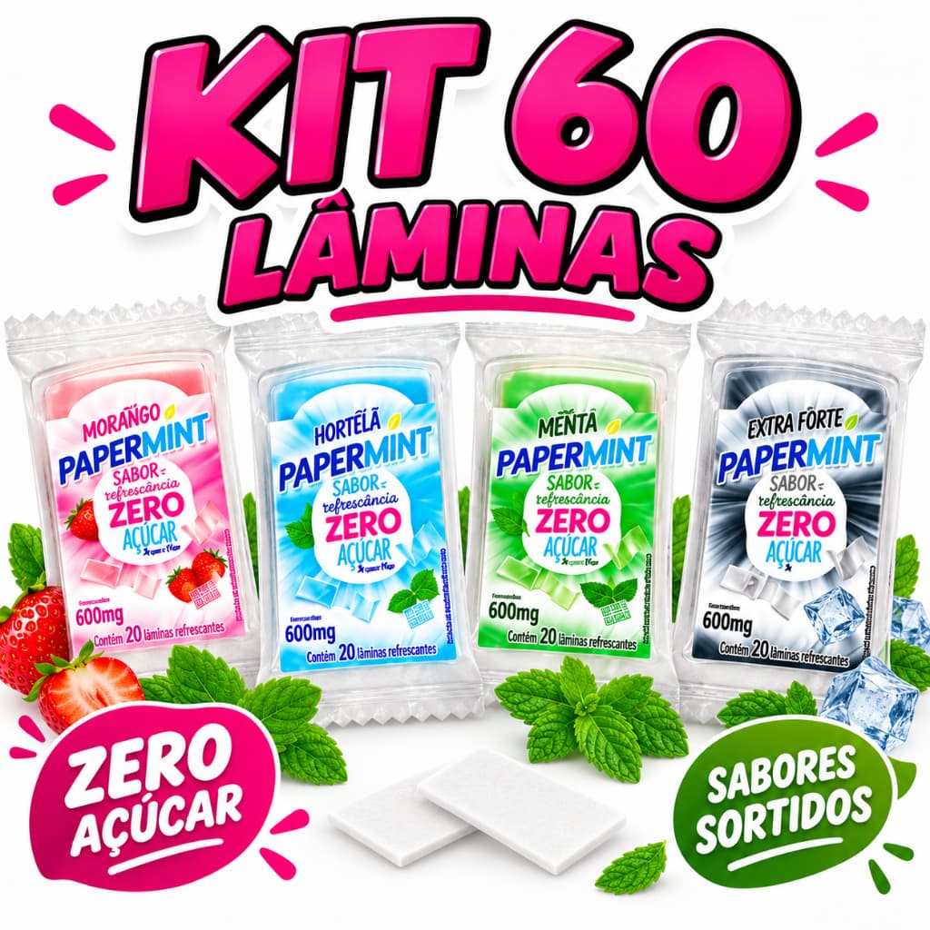 Kit 60 Papermint Bala Lâminas Refrescantes Zero Açúcar