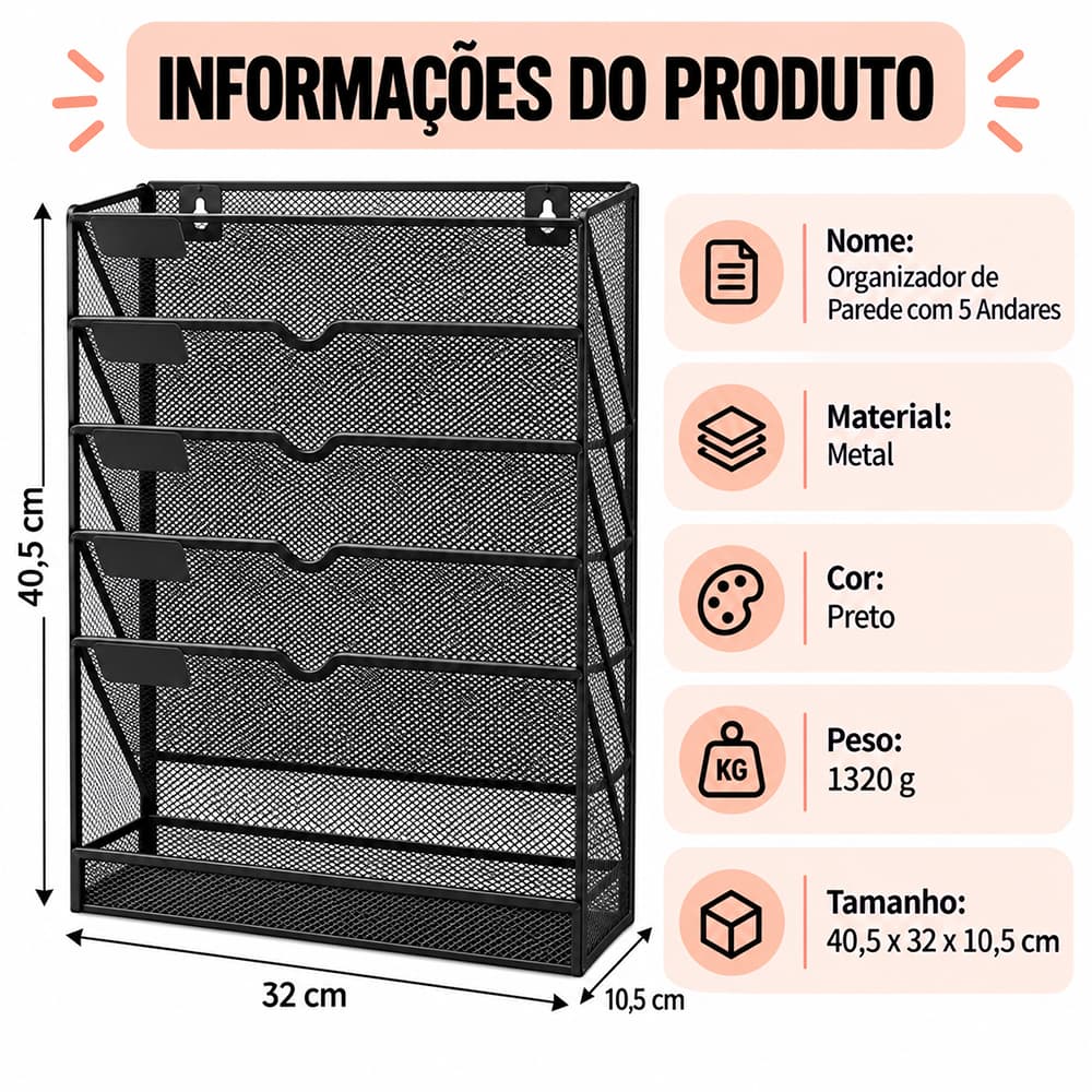 Organizador de Arquivos 5 Andares Metal | Suporte de Parede Multifuncional para Home Office