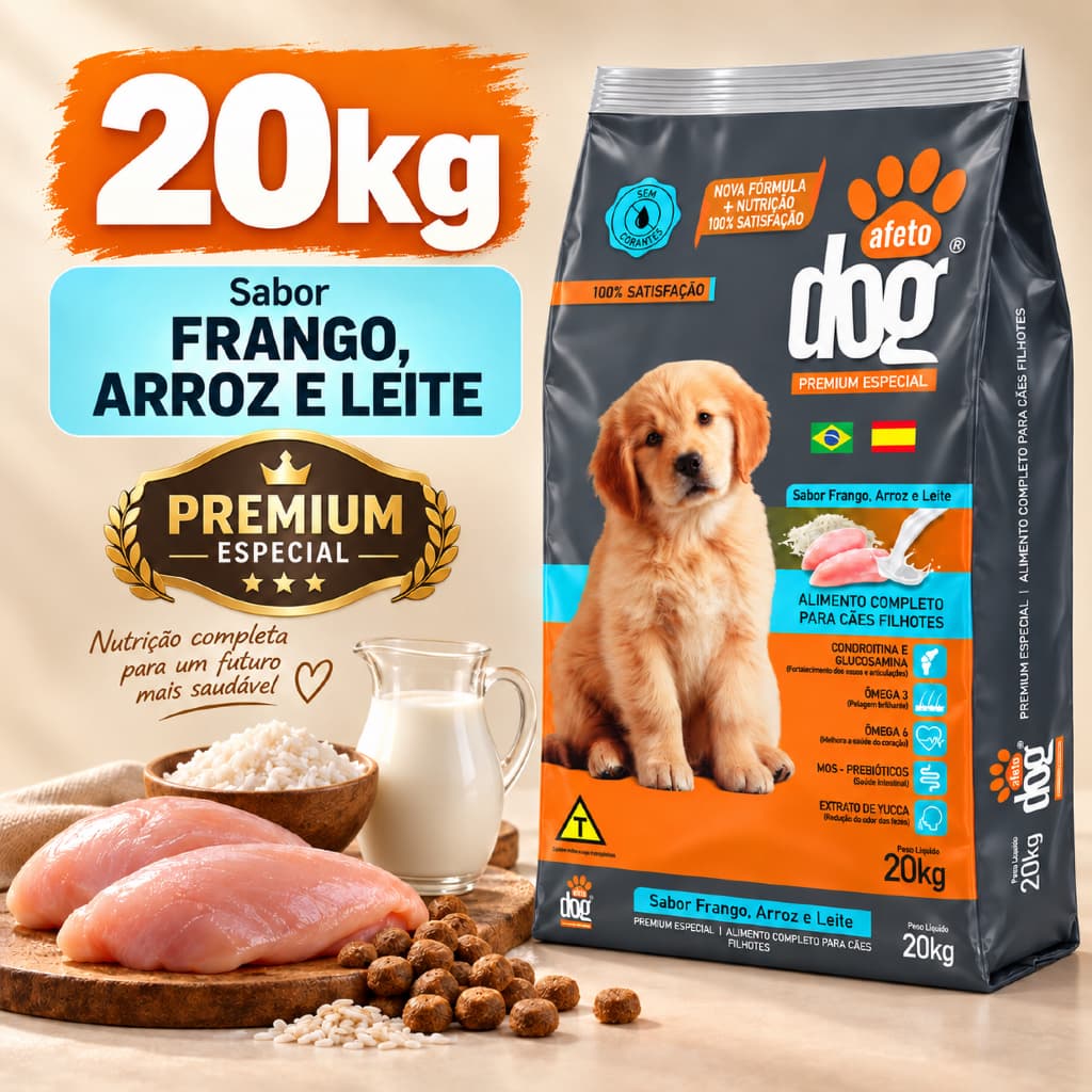 Ração Cachorro Filhote Todas As Raças Premium Especial 20kg Sabor Frango, Arroz e Leite 29g Proteína Afeto Dog