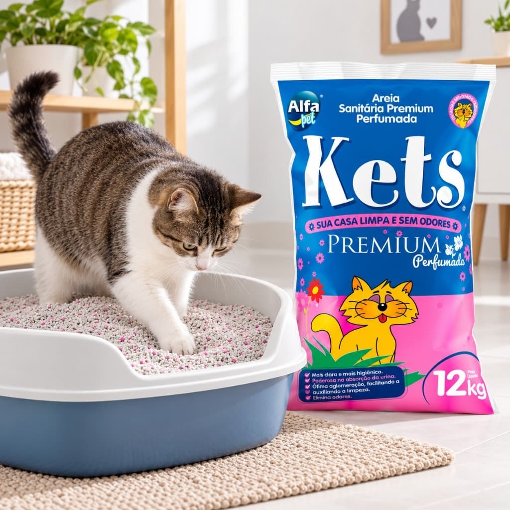 Areia Higiênica Kets Premium Perfumada 12kg Gatos Bentonita Grãos Finos Alta Absorção Torrões Caixa Sanitária